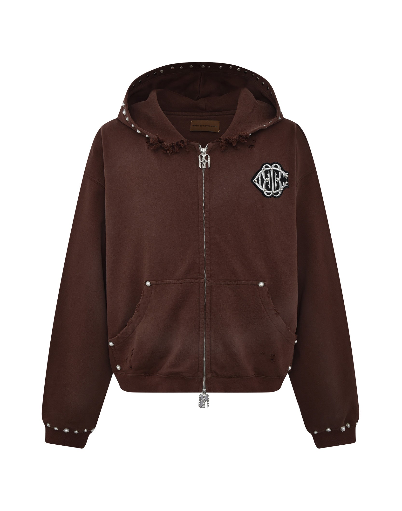 PEARL STUDDED BOXY ZIP HOODIE BROWN