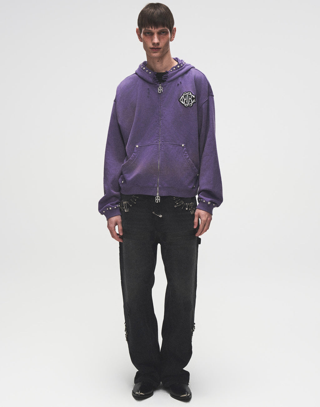 PEARL STUDDED BOXY ZIP HOODIE PURPLE