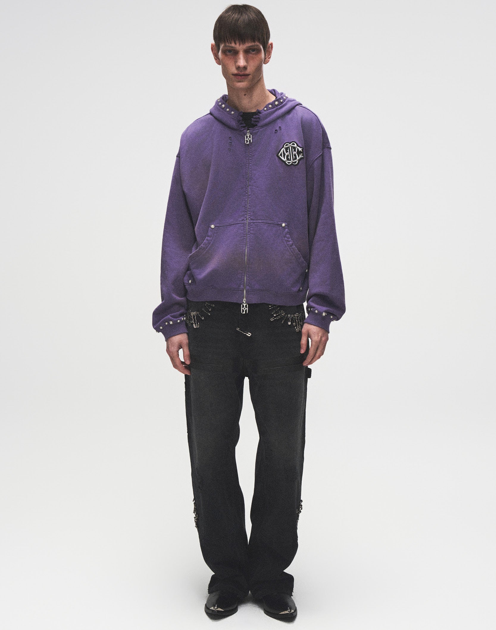 PEARL STUDDED BOXY ZIP HOODIE PURPLE