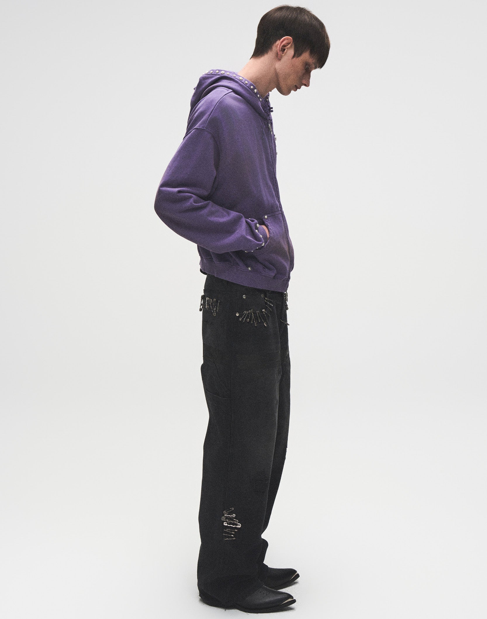 PEARL STUDDED BOXY ZIP HOODIE PURPLE