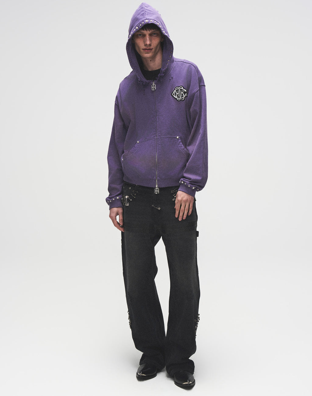 PEARL STUDDED BOXY ZIP HOODIE PURPLE