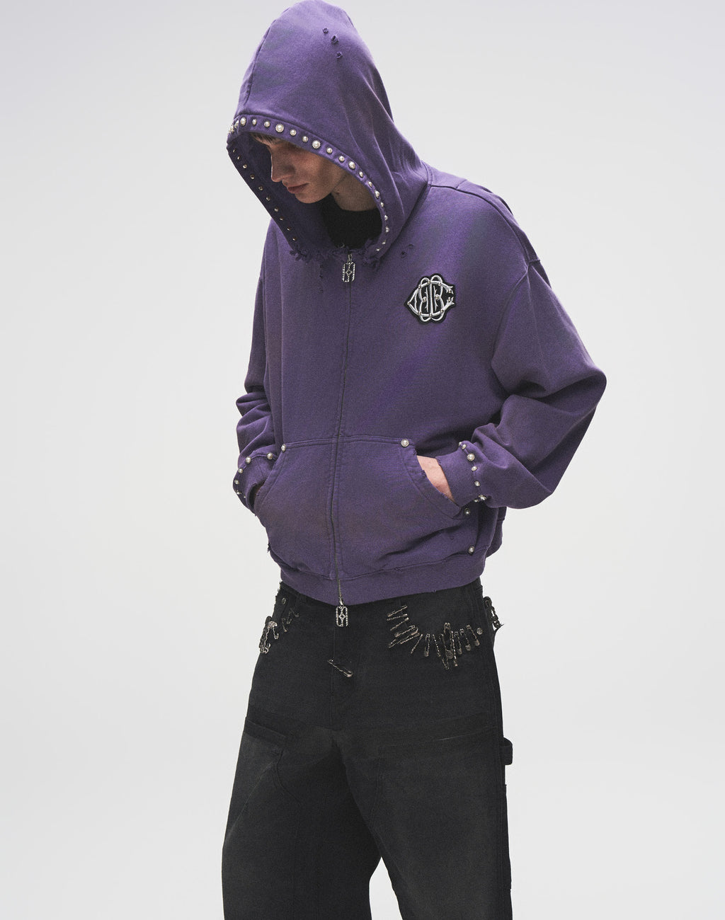 PEARL STUDDED BOXY ZIP HOODIE PURPLE
