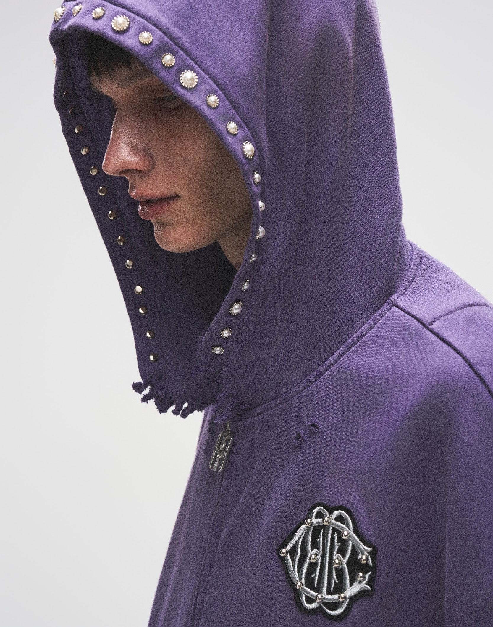 PEARL STUDDED BOXY ZIP HOODIE PURPLE