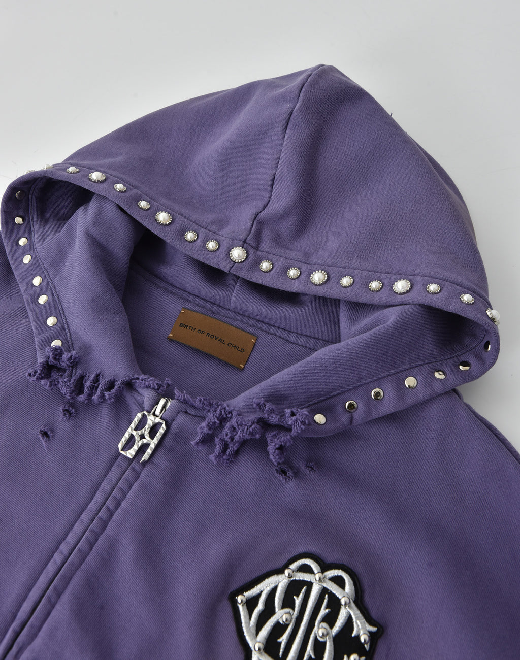 PEARL STUDDED BOXY ZIP HOODIE PURPLE