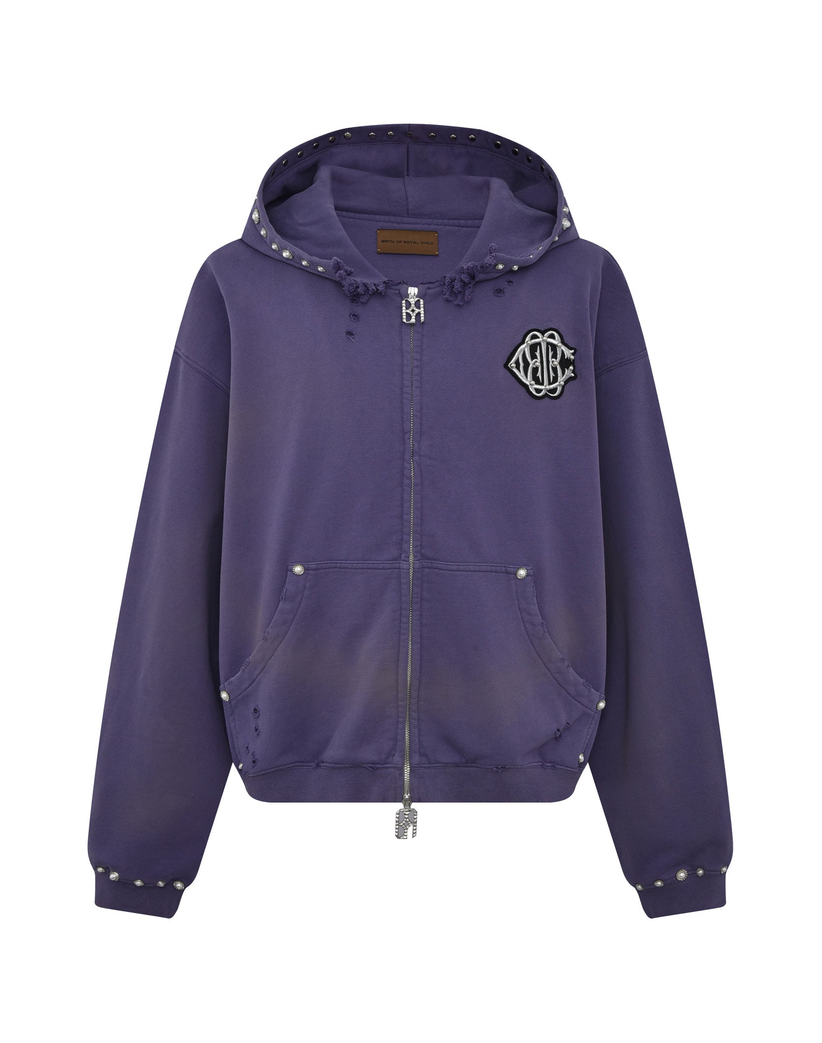 PEARL STUDDED BOXY ZIP HOODIE PURPLE