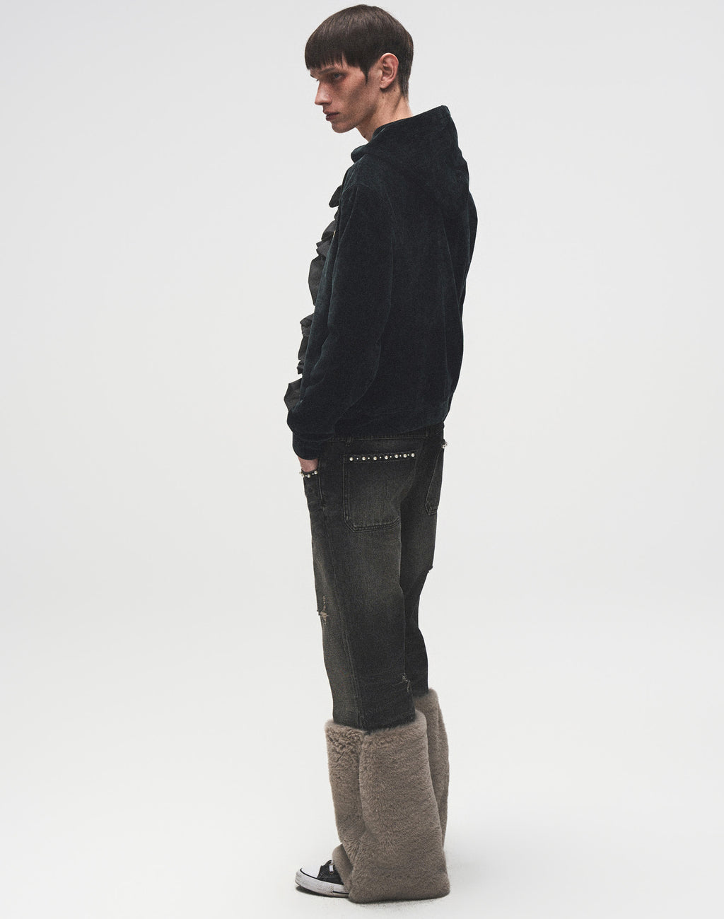 Ruffled Velvet Zipper Hoodie-BLK