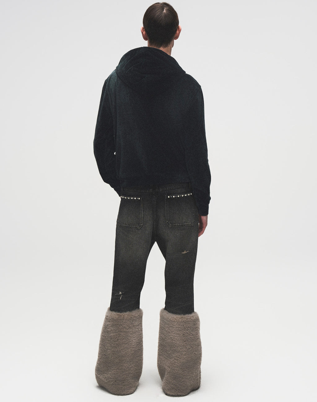 Ruffled Velvet Zipper Hoodie-BLK