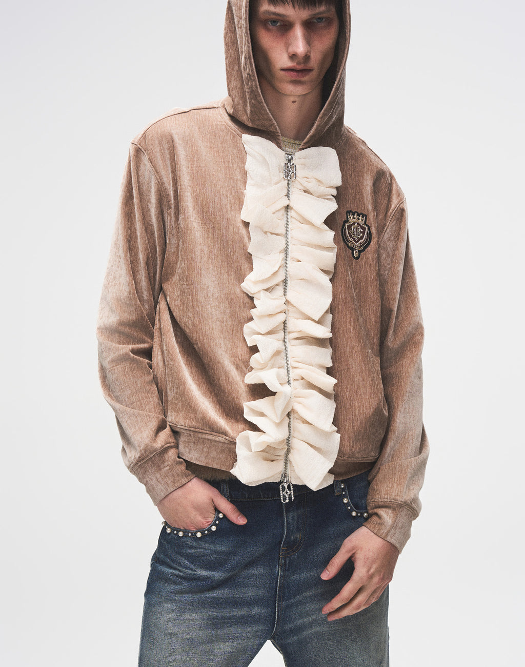 Ruffled Velvet Zipper Hoodie-BRN