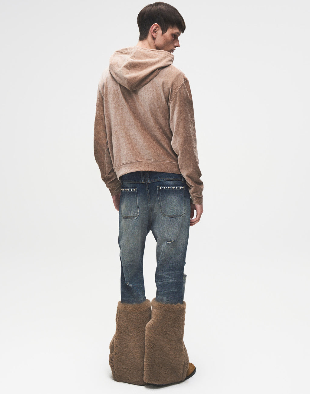 Ruffled Velvet Zipper Hoodie-BRN