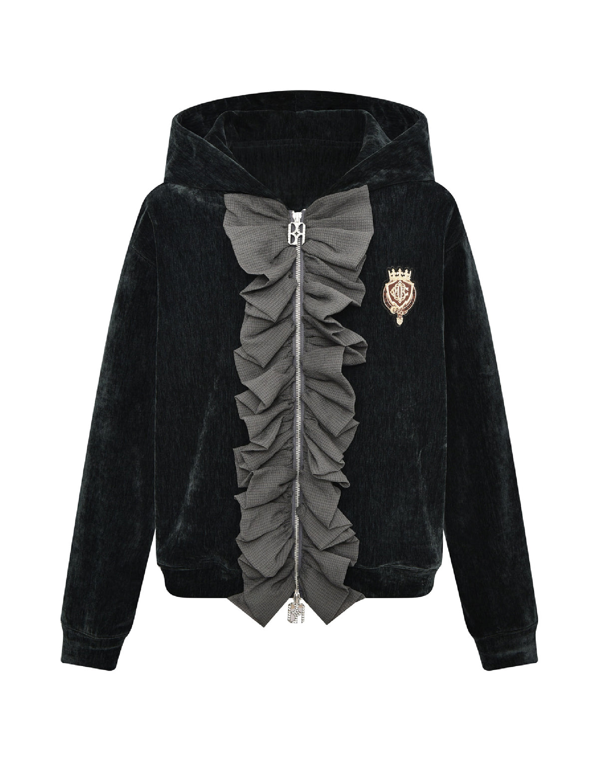 Ruffled Velvet Zipper Hoodie Black (Sample)