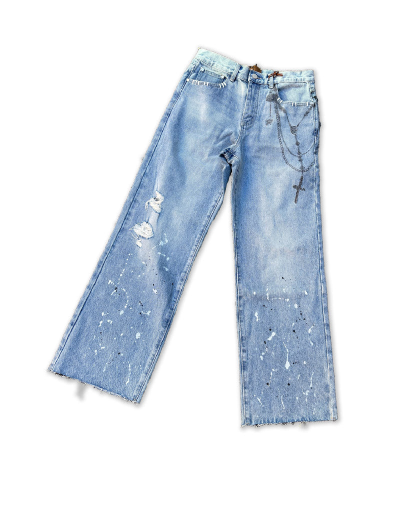 Chain Ink Print Detailed Patch Jeans