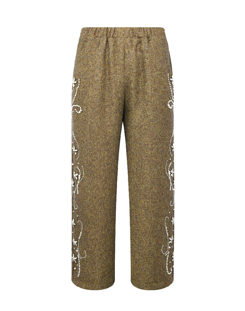 DIAMOND EMBELLISHED FLORAL KNIT PANT IN GRN