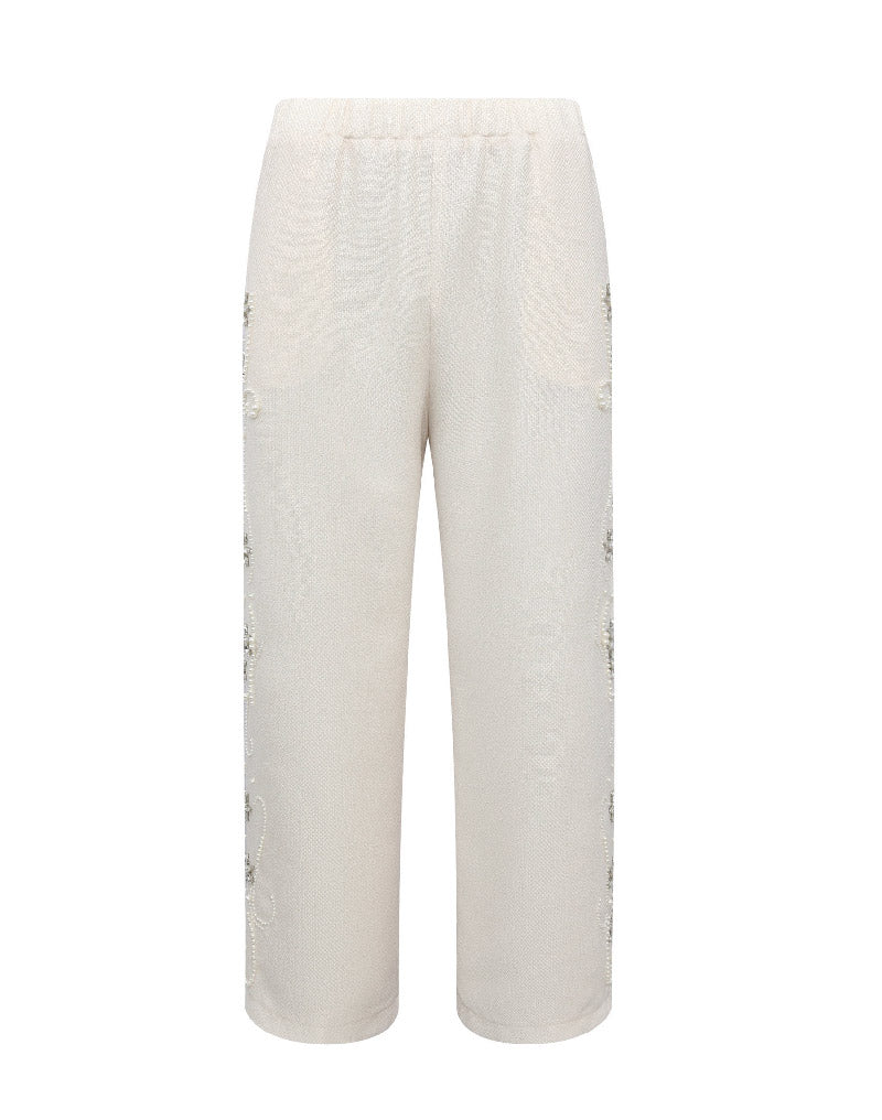 DIAMOND EMBELLISHED FLORAL KNIT PANT IN WHT