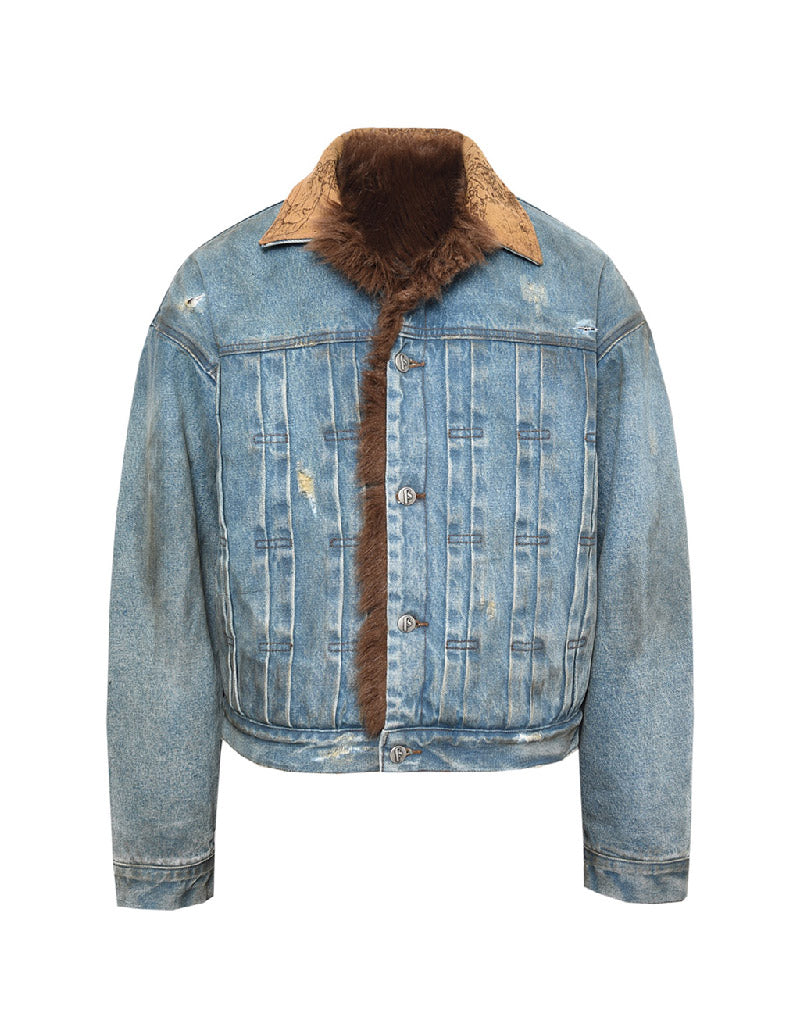 Dirty-Washed Furry Denim Jacket