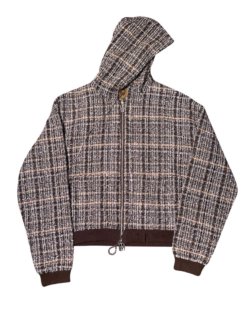 Jewels Chain Detailed Maillard Tweed Hoodie Jacket