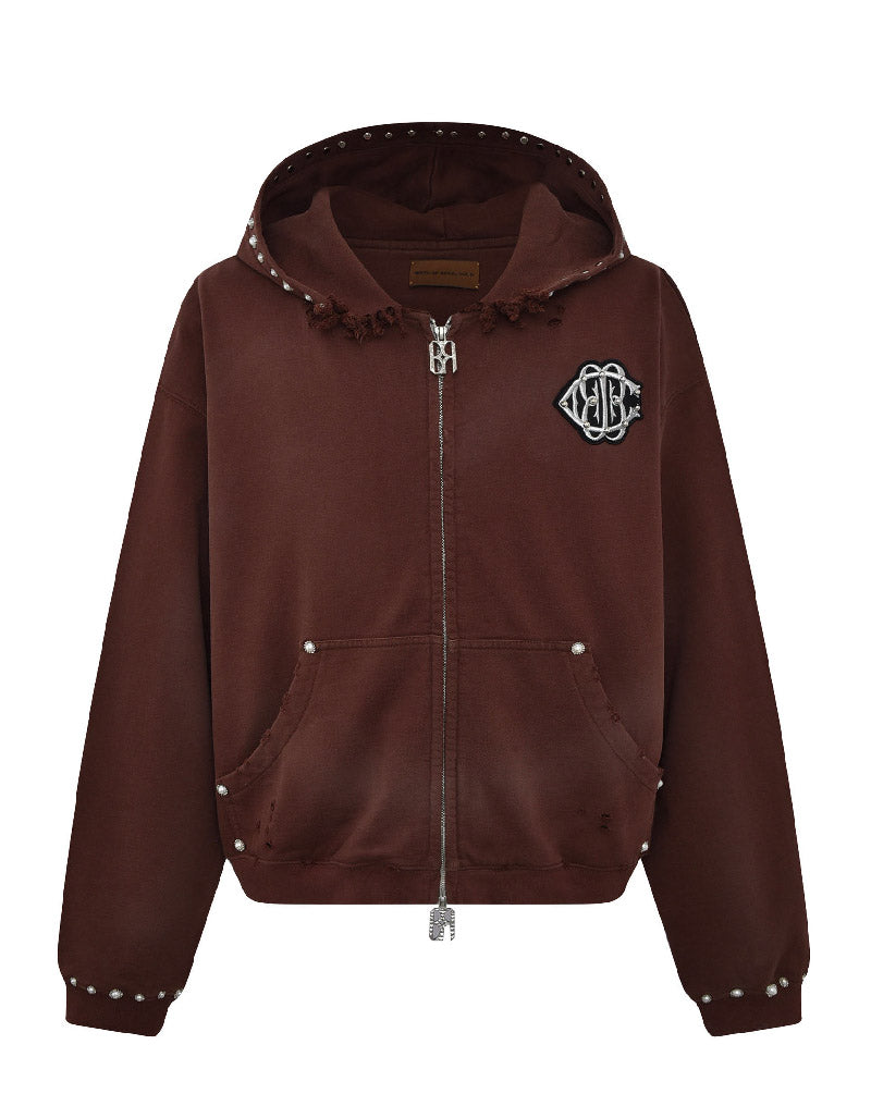 PEARL STUDDED BOXY ZIP HOODIE BROWN