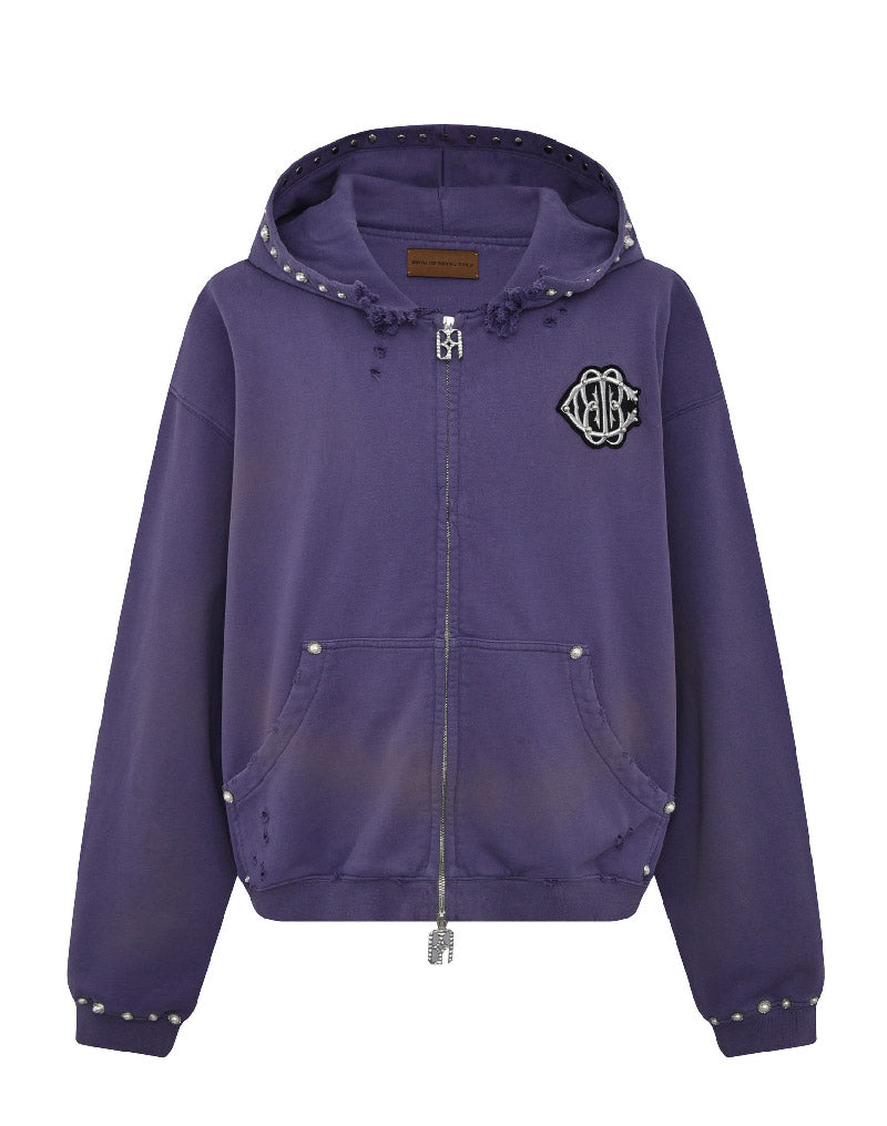 PEARL STUDDED BOXY ZIP HOODIE PURPLE