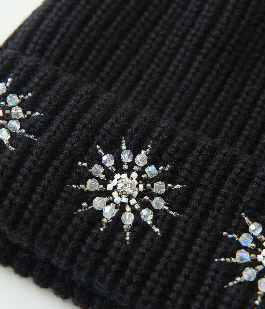 Snowflake Crystal Beanie | Black Knit Beanie | Birth of Royal Child | Hand Sewn Crystal Beading & Embroidery