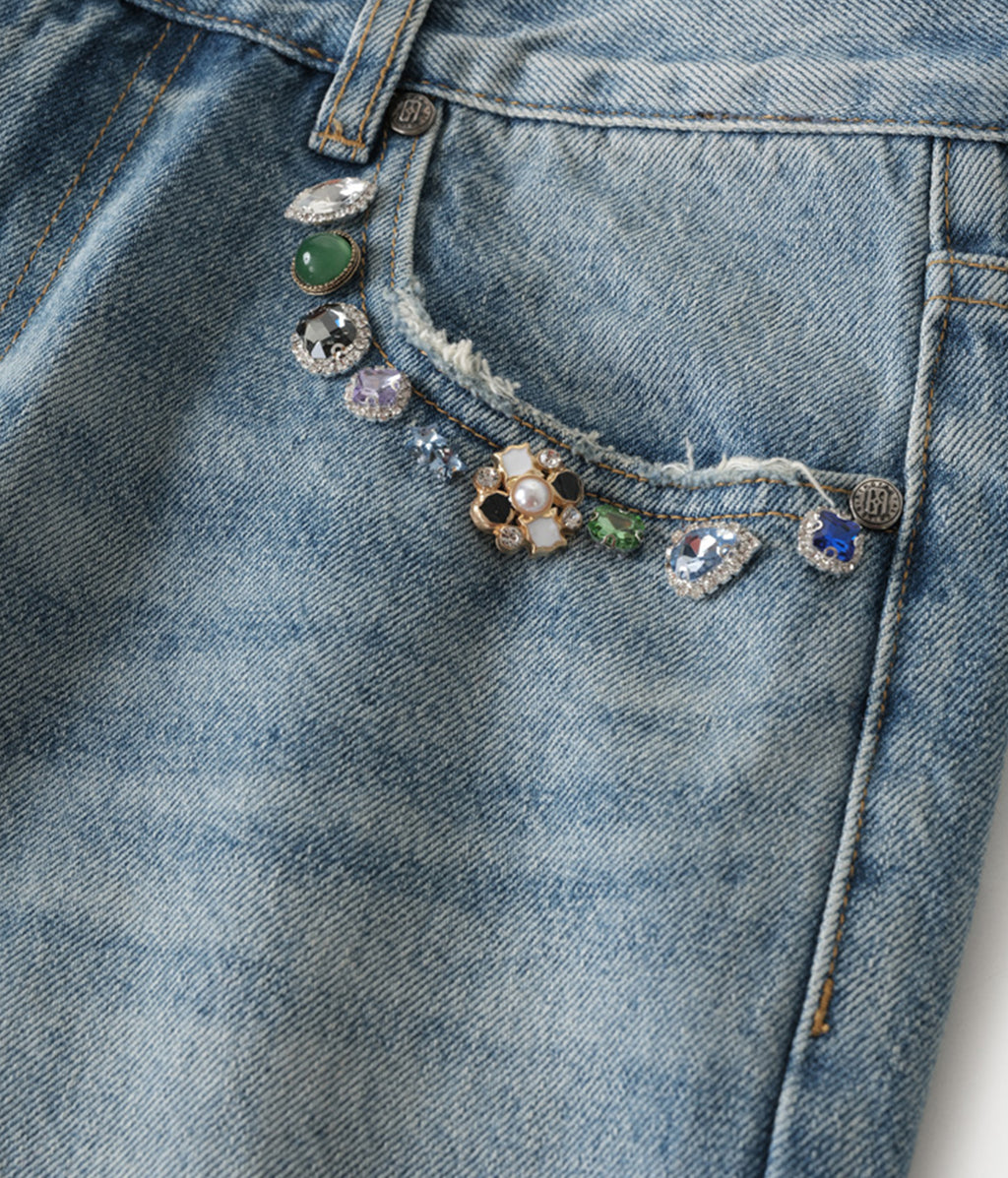 Icewave Gemstone Jeans | Blue Denim Birth of Royal Child | Hand-sewn Gemstone Embellishments