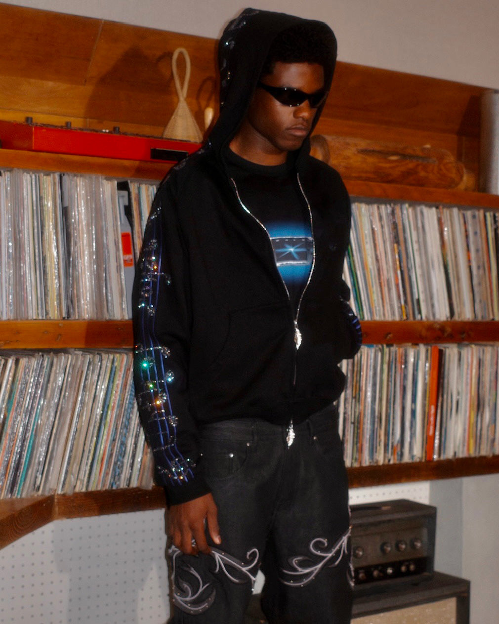 Crystal Notes Raglan Hoodie | Black | Birth of Royal Child | Hoodie | Unisex | Crystal Embellished