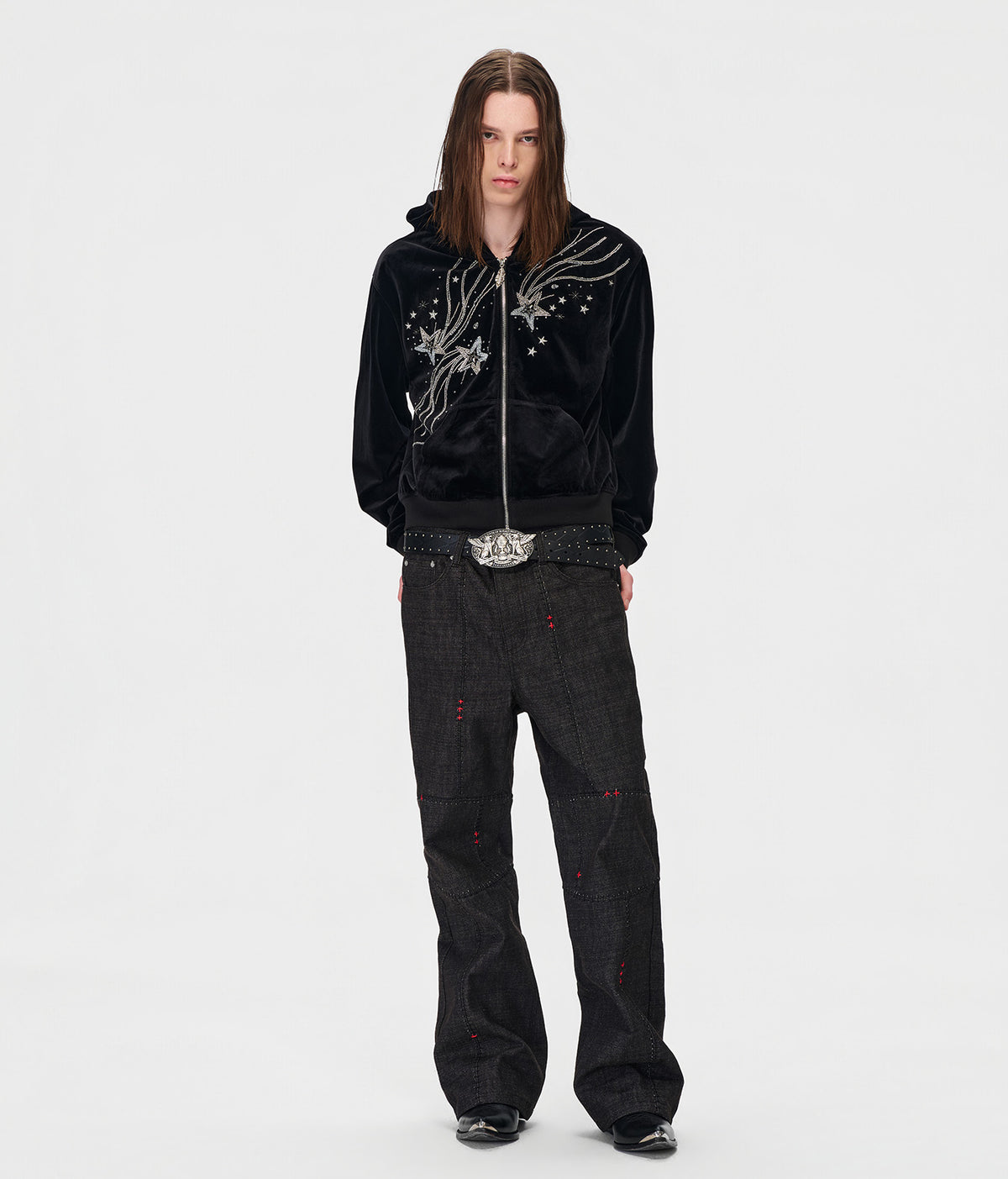 Shooting Star Velour Hoodie Black