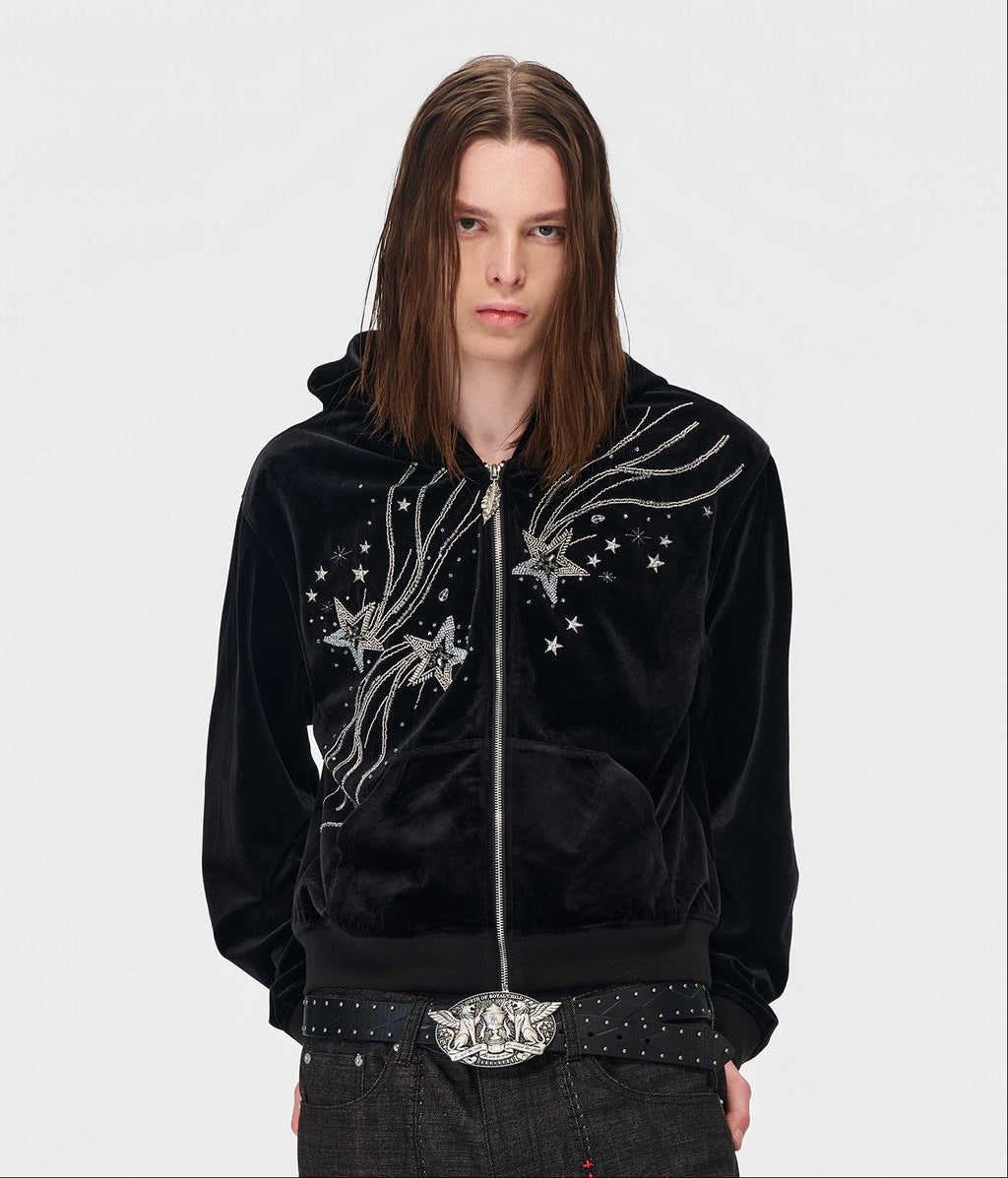 Shooting Star Velour Hoodie Black