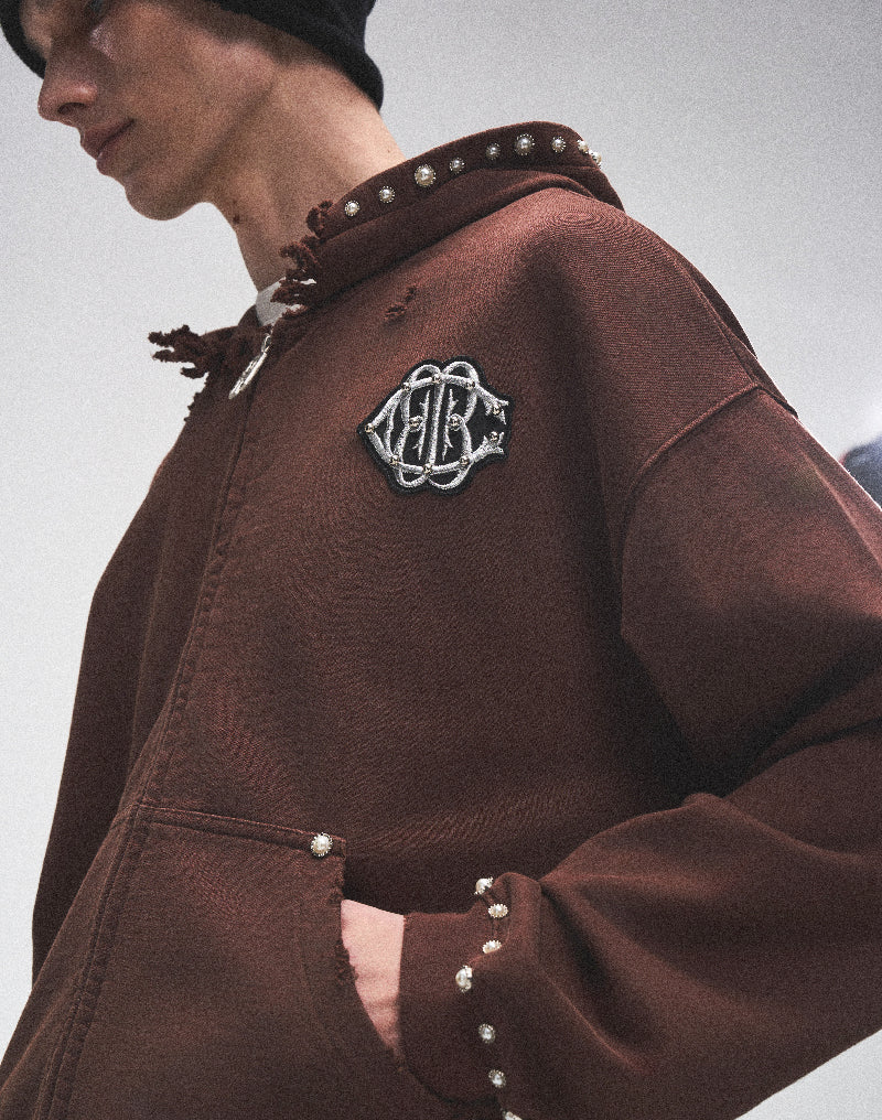 PEARL STUDDED BOXY ZIP HOODIE BROWN