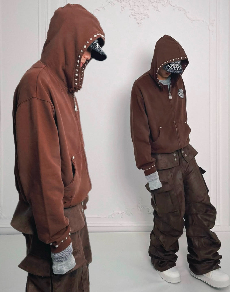 PEARL STUDDED BOXY ZIP HOODIE BROWN