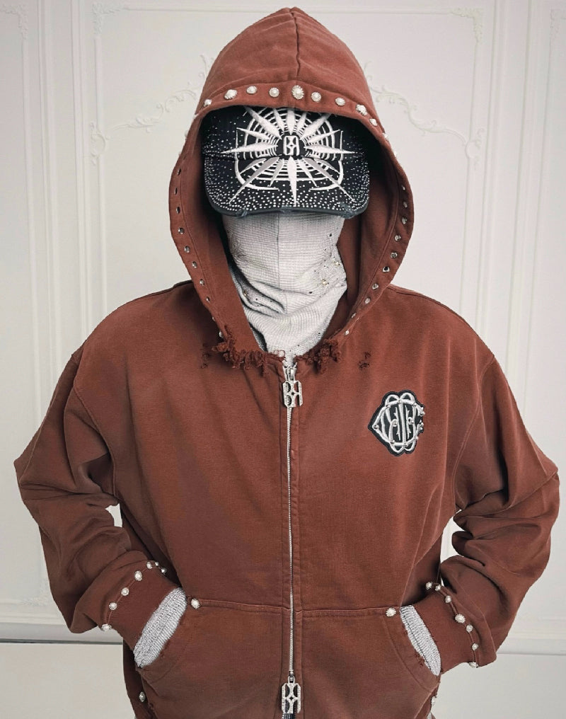 PEARL STUDDED BOXY ZIP HOODIE BROWN
