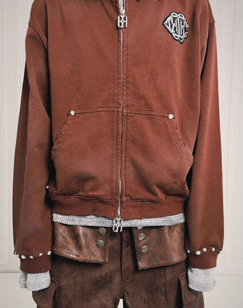 PEARL STUDDED BOXY ZIP HOODIE BROWN