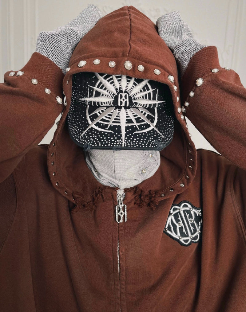 PEARL STUDDED BOXY ZIP HOODIE BROWN