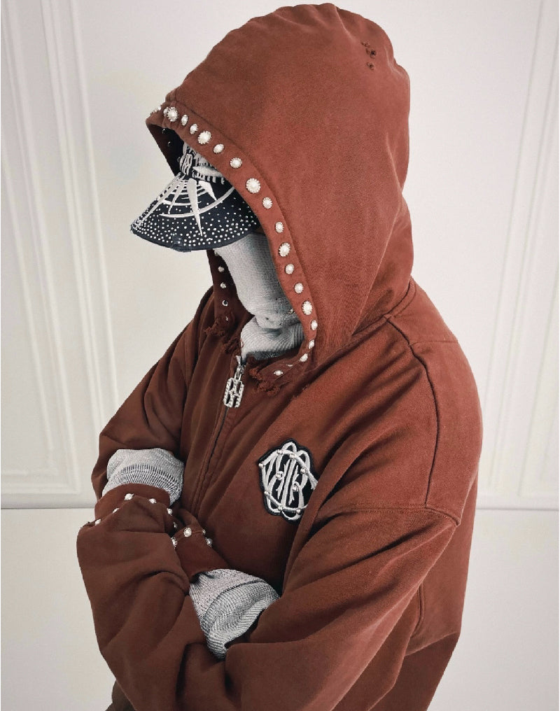 PEARL STUDDED BOXY ZIP HOODIE BROWN